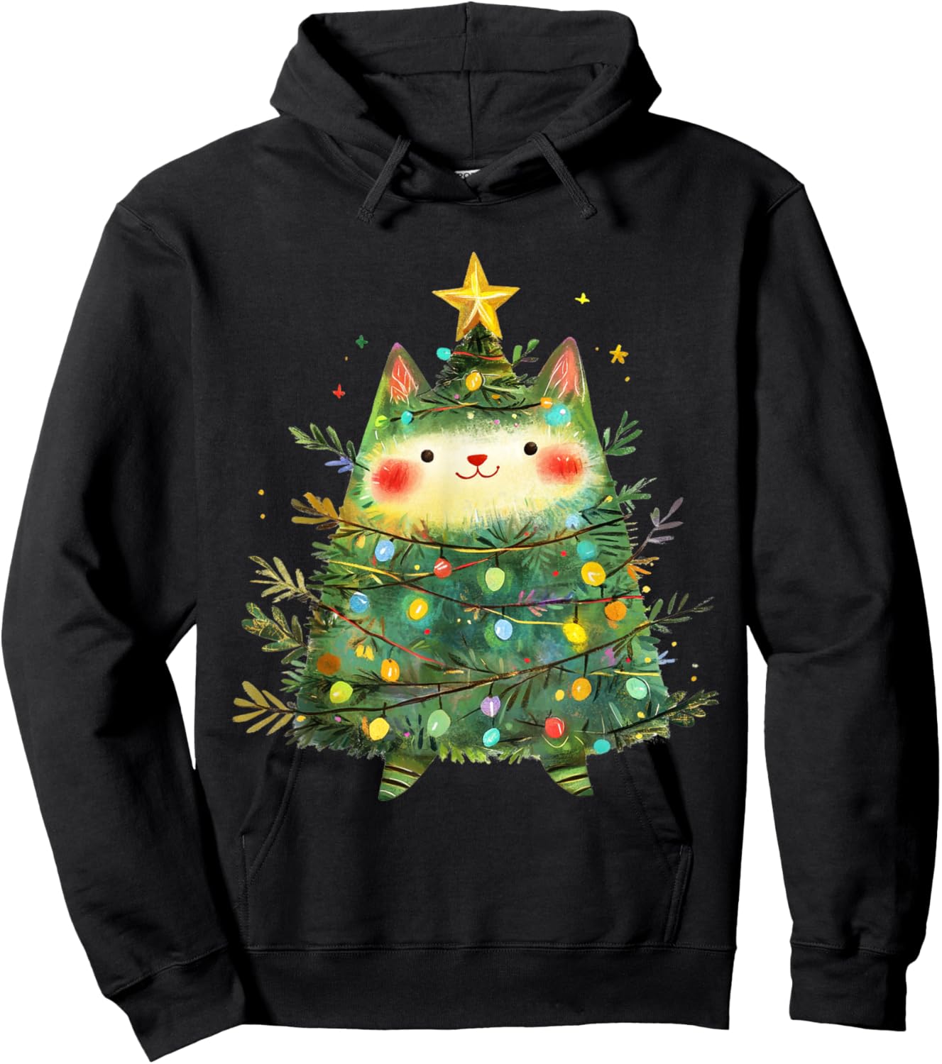 Cat Christmas Tree Pajamas Girls Boys Xmas Lights Hoodie - Hoodie | Black