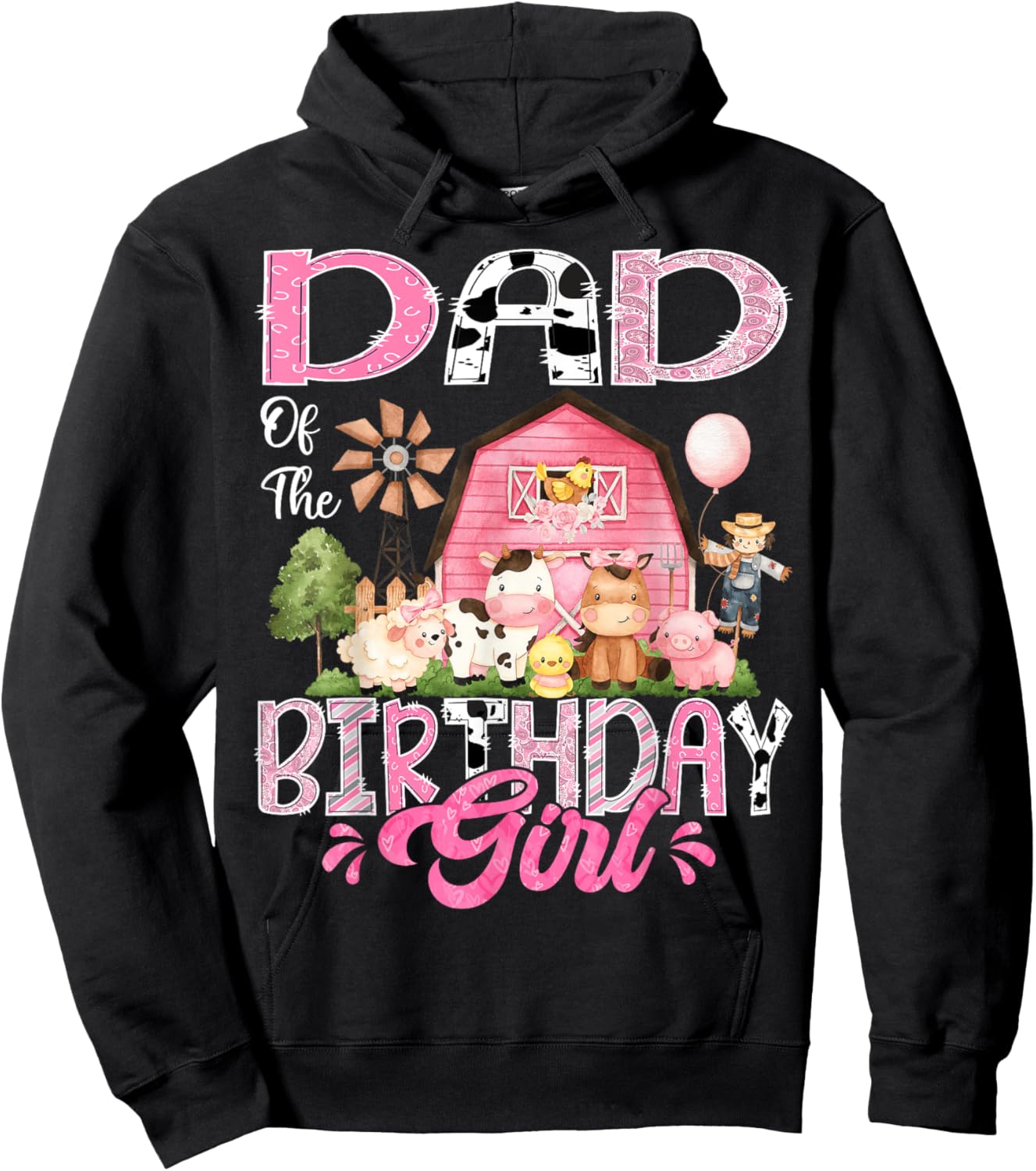 Dad Of The Birthday Girl Pink Farm Cow First Birthday Hoodie - Hoodie | Black