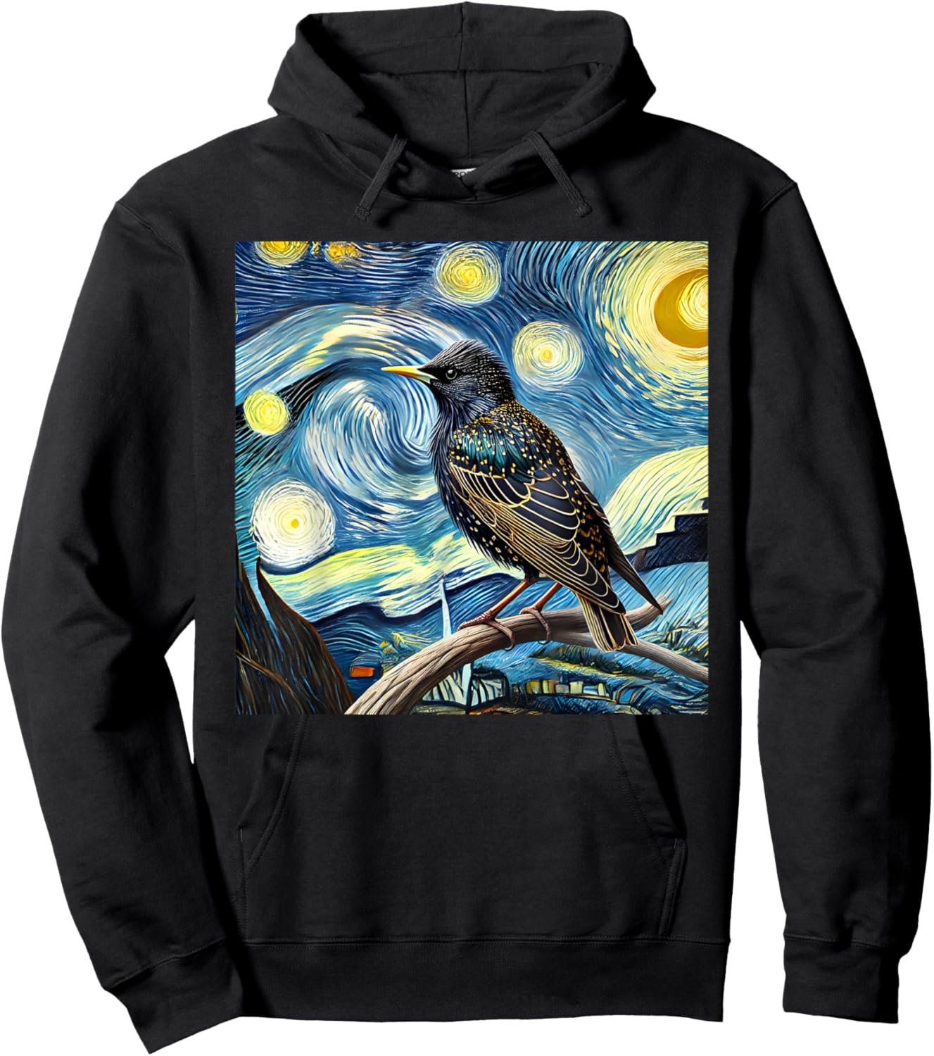 Common Starling Lover Bird Watching Birding Starry Night Art Hoodie - Hoodie | Black