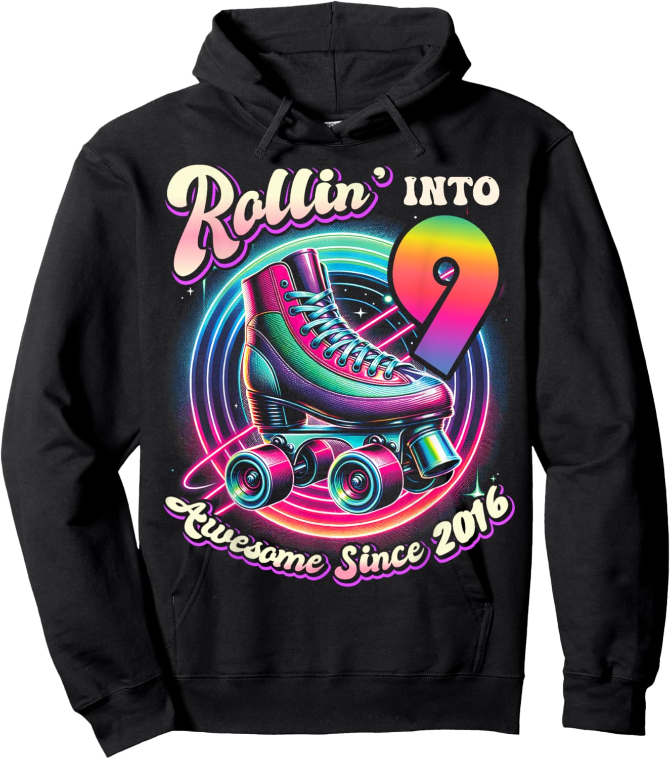 Birthday Roller Skating 9th Girls Rollin into 9 Skate Party Hoodie - Hoodie | Black