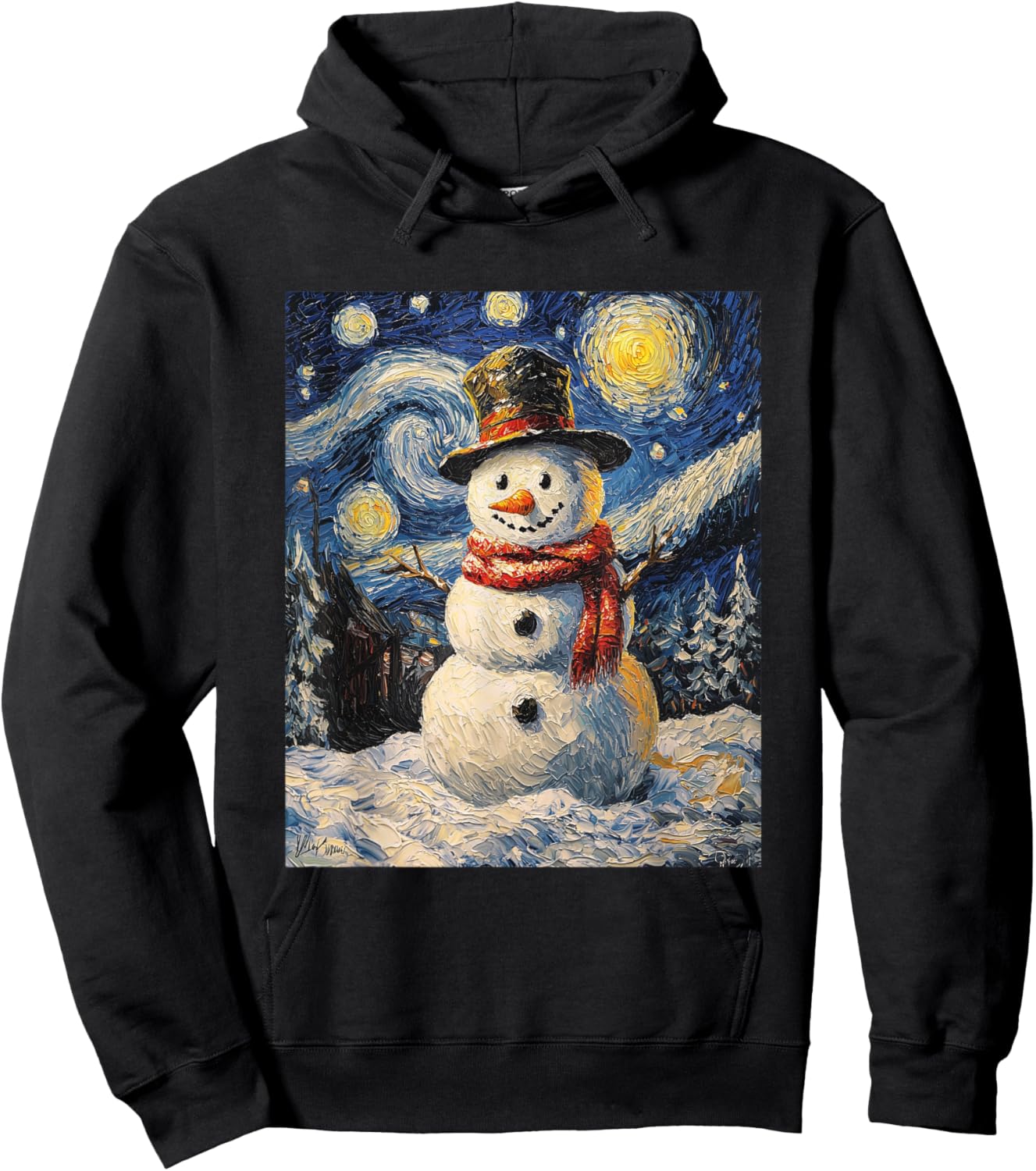 Snowman - Van Gogh Style - Starry Night - Funny Graphic Hoodie - Hoodie | Black