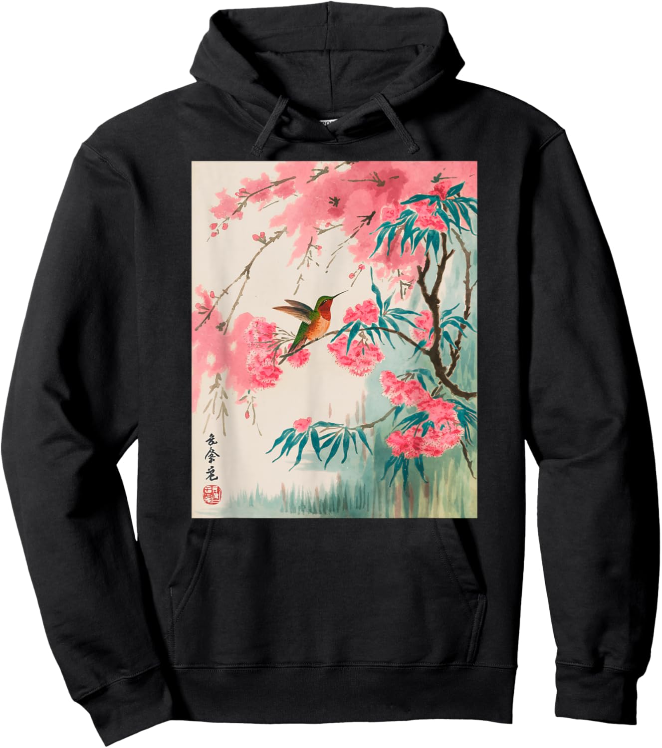 Hummingbird Japanese Art Kyosai Vintage Japan Artwork Hoodie - Hoodie | Black