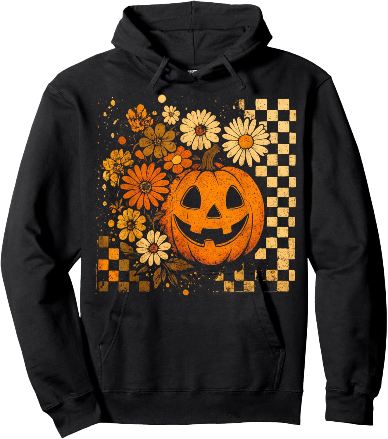 Retro Pumpkin Sunflower Daisy Thanksgiving Halloween Fall Hoodie - Hoodie | Black