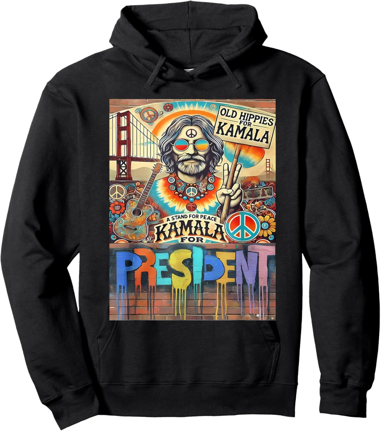 Old Hippies for Kamala 2024 Peace & Love Campaign Hoodie - Hoodie | Black