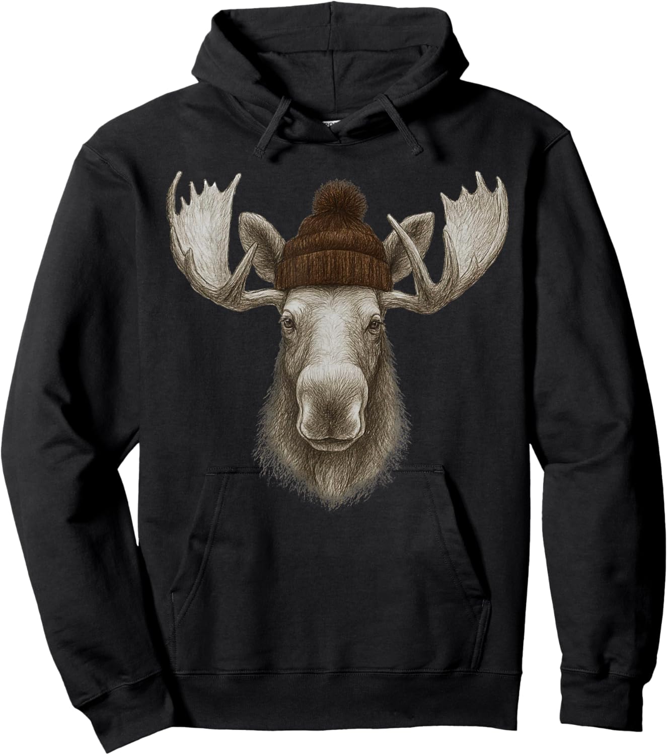 Retro 90s Cute Moose Wearing Beanie Mountain Camping Hiking Hoodie - Hoodie | Black
