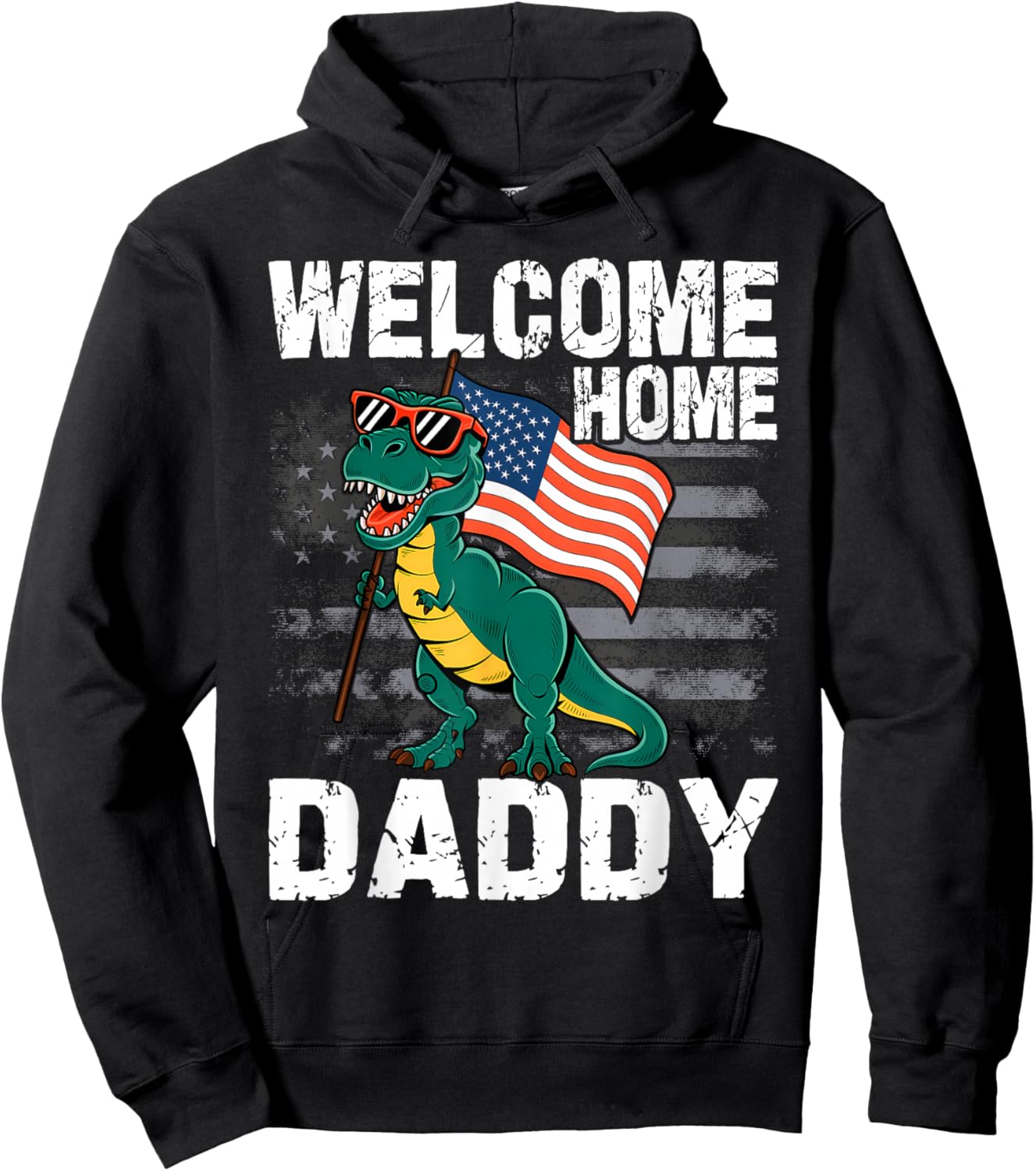 Kids Welcome Home Daddy Dinosaur T-Rex American Flag Hoodie - Hoodie | Black
