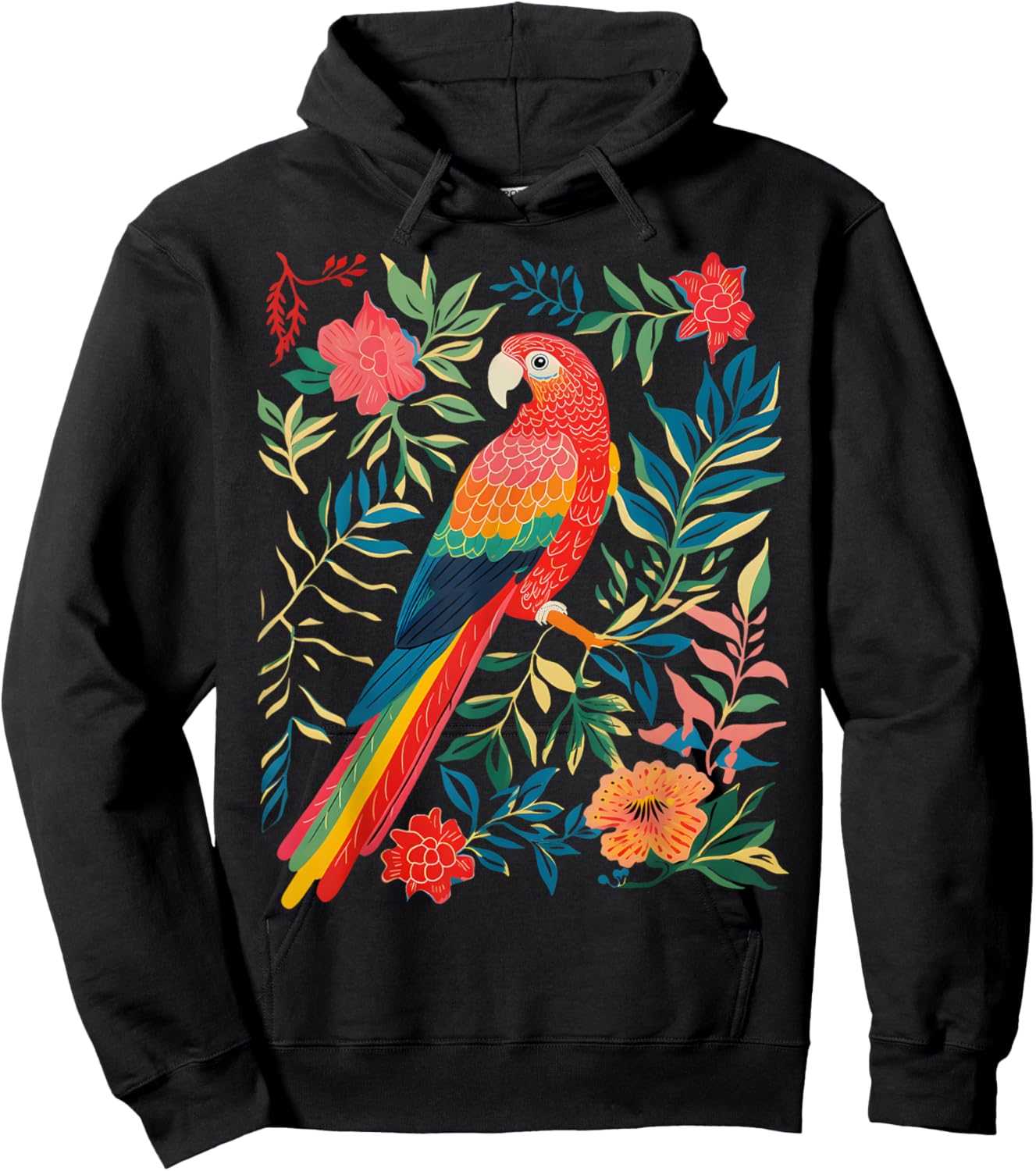 Boho Floral Parrot Scarlet Macaw Birdwatching Bird Lover Hoodie - Hoodie | Black