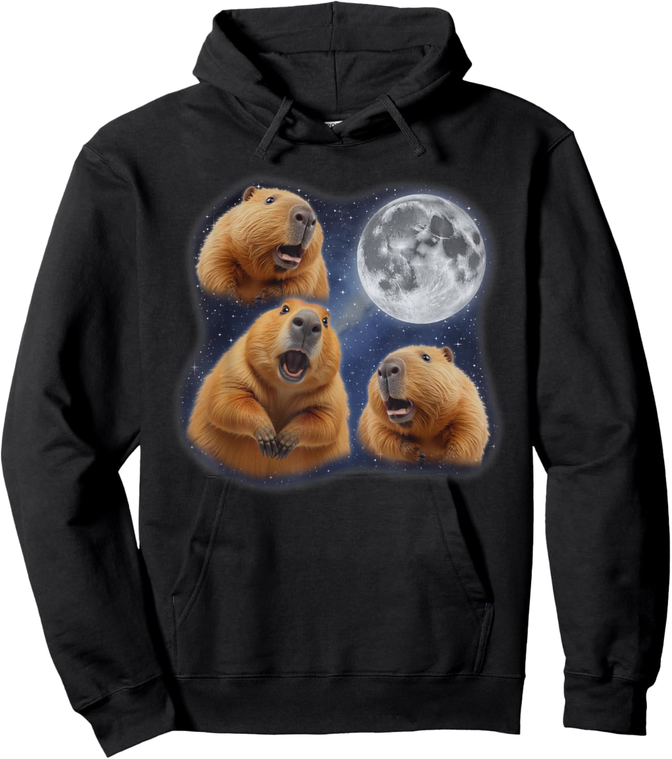 Three Capybara Moon 3 Howling At Moon Funny Weird Cursed Hoodie - Hoodie | Black