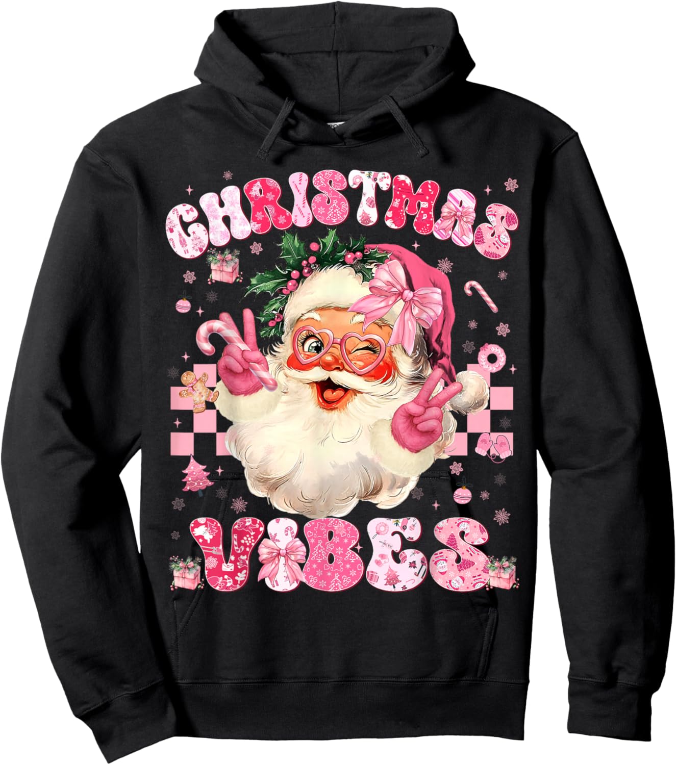 Christmas Vibe Cute Pink Santa Christmas Xmas Women Girl Hoodie - Hoodie | Black