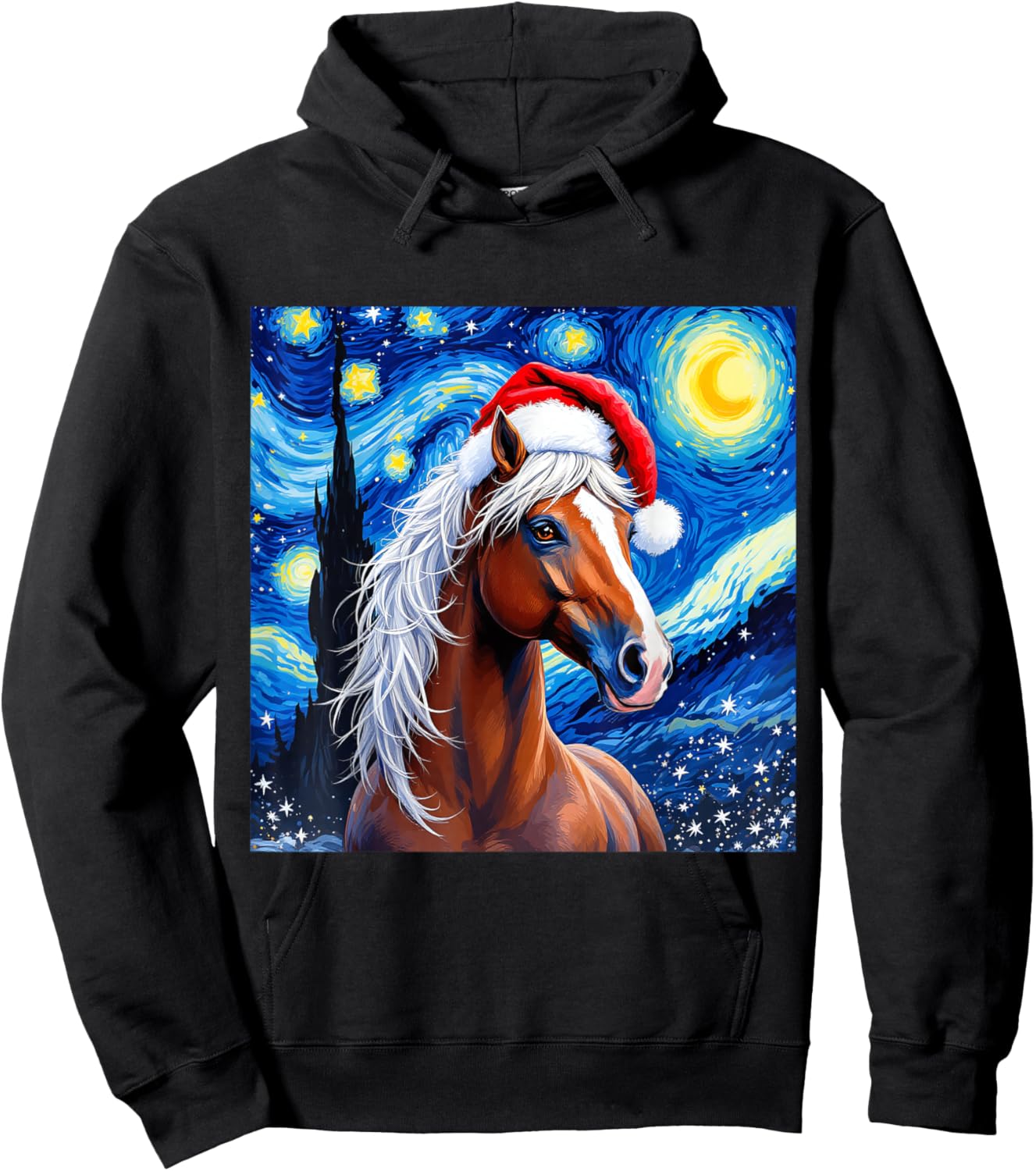 Christmas Horse Santa Hat Van Gogh Starry Night Holiday Hoodie - Hoodie | Black