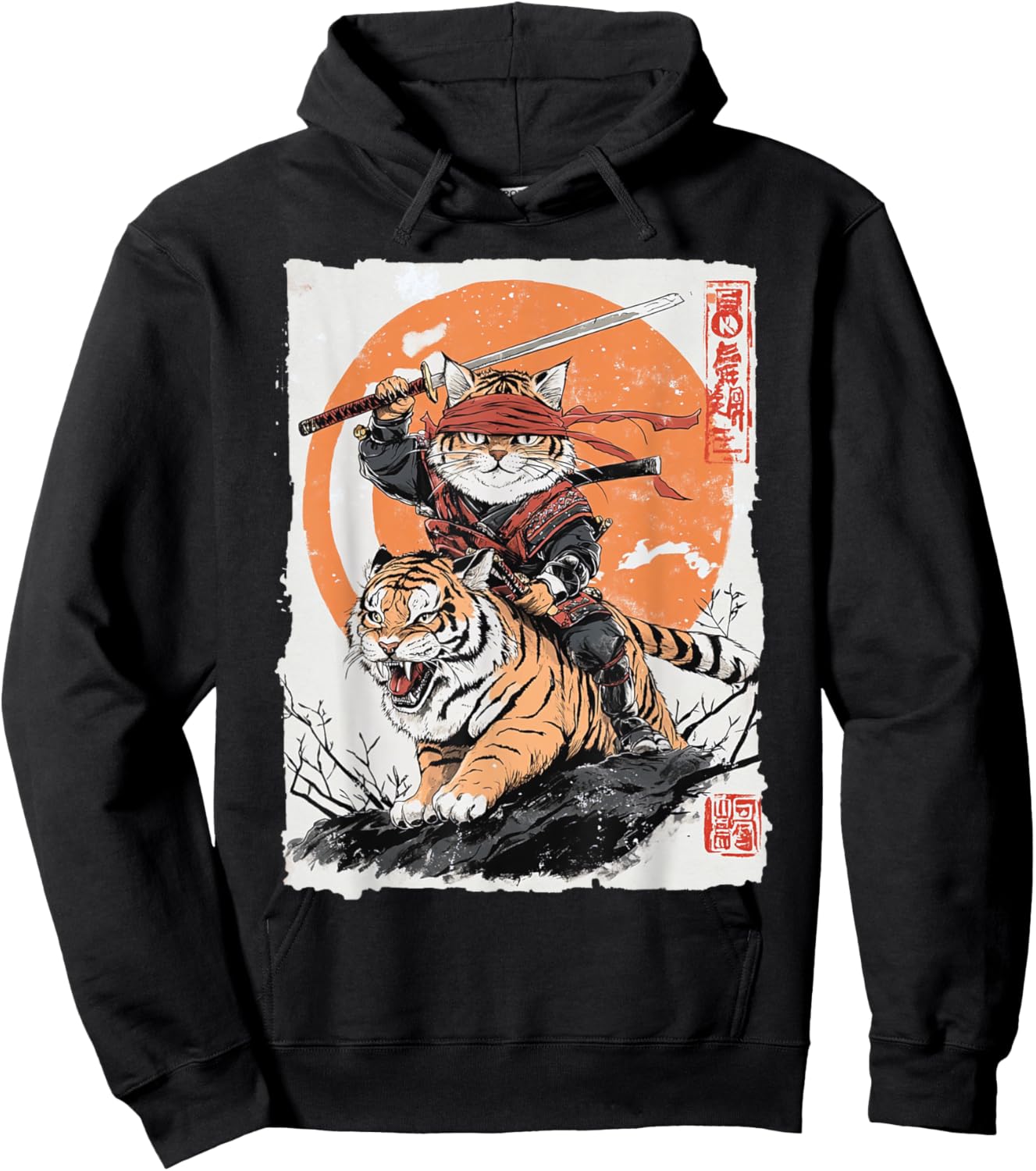 Ninja Cat Riding Tiger - Japanese Samurai Art Vintage Style Women Kids Hoodie - Hoodie | Black