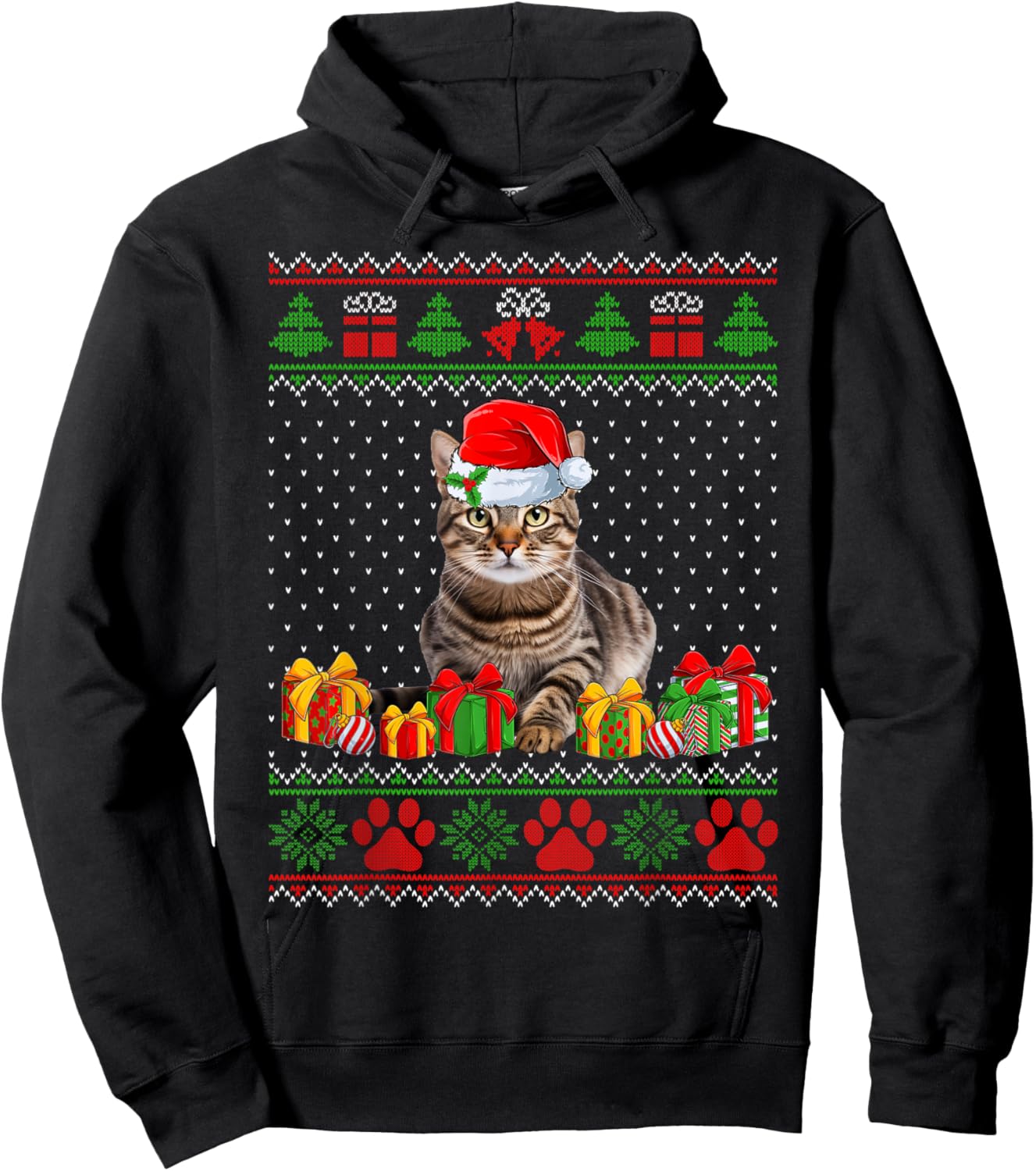 Funny Tabby Cat Santa Hat Ugly Christmas Sweater Xmas PJS Women Kids Hoodie - Hoodie | Black