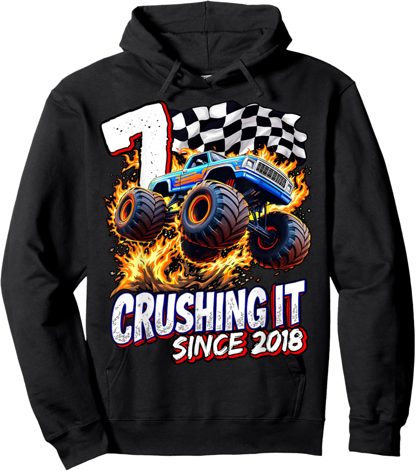 Birthday Monster Truck 7 Year Old Boys 7th Party Born 2018 Hoodie - Hoodie | Black