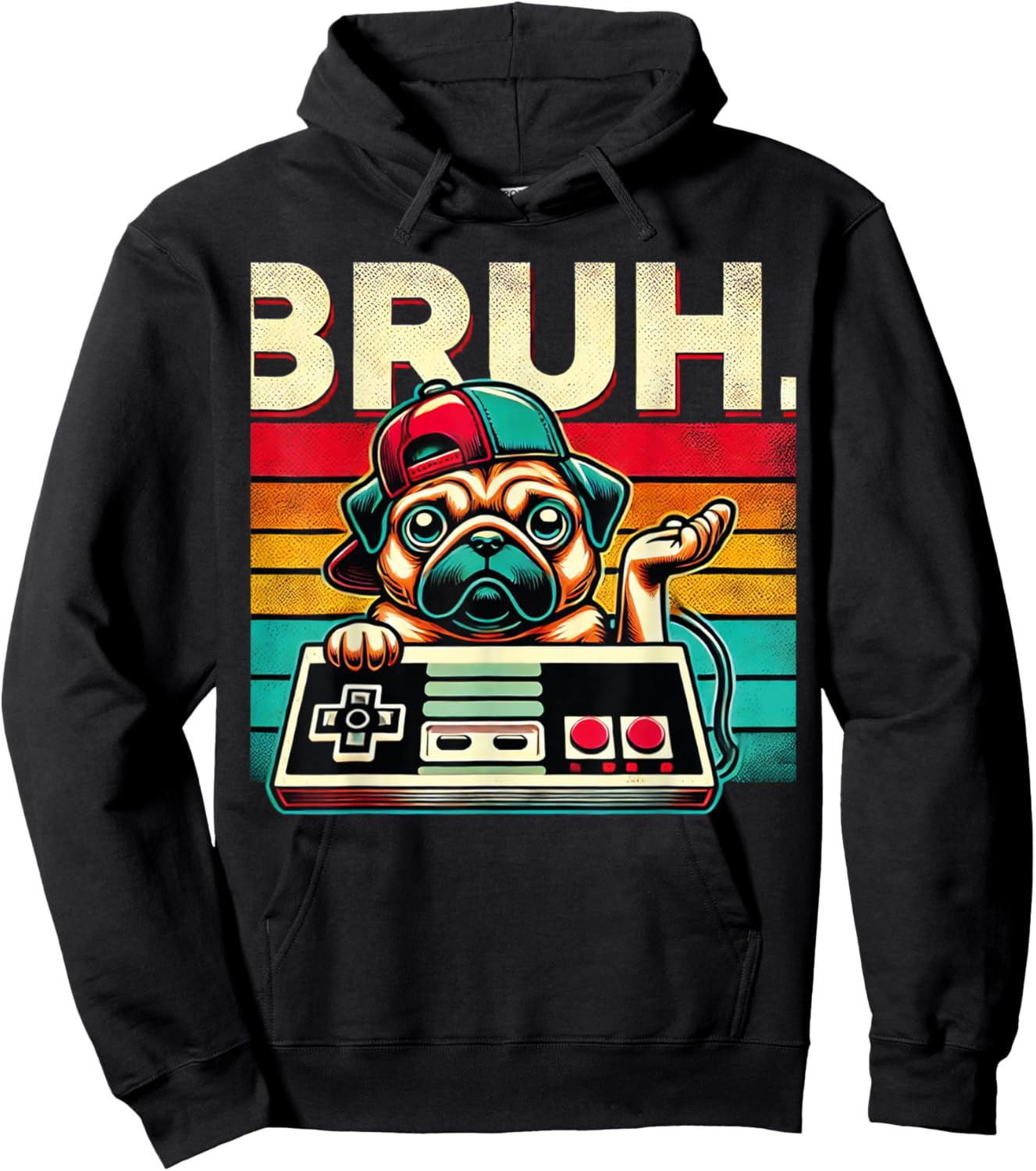 Bruh Retro Vintage 80s Gaming Pug BRUH Funny Gamer Bruh Dog Men Women Kids Hoodie - Hoodie | Black