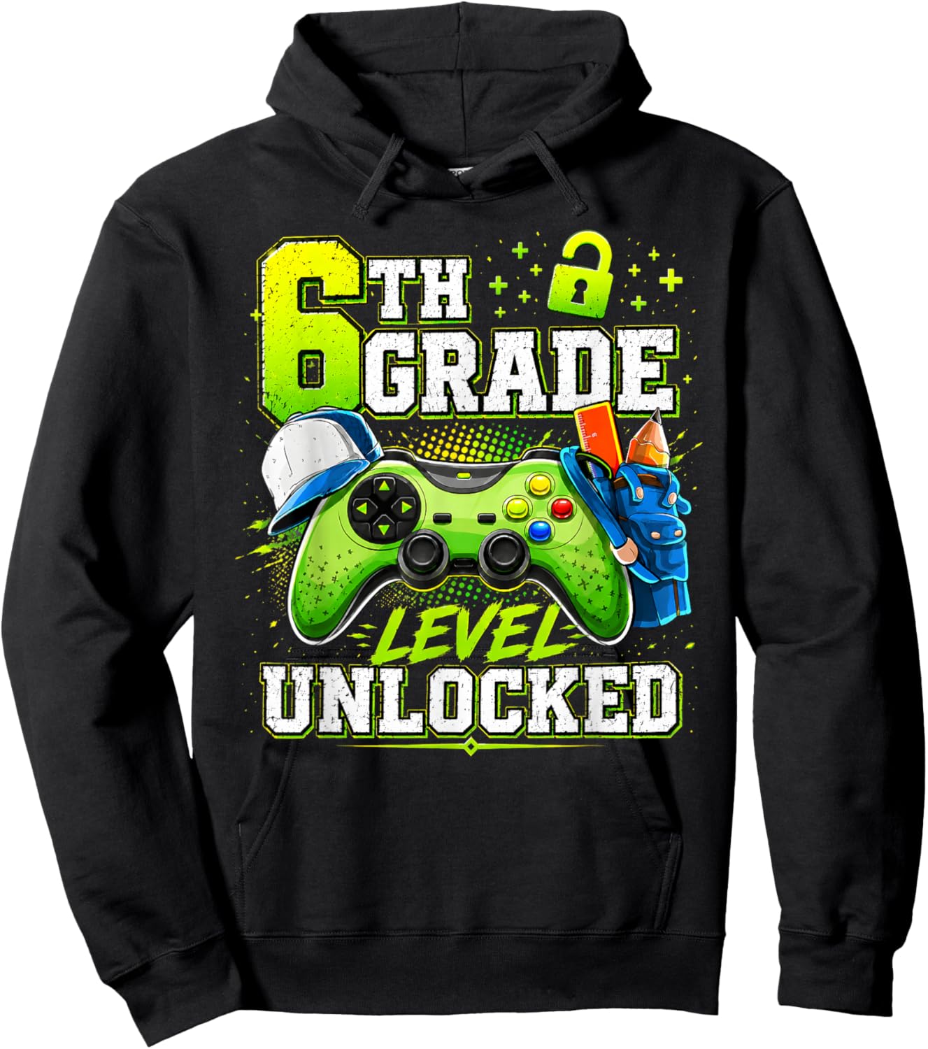 Back to School 6th Sixth Grade Level Unlocked Gamer Kid Hoodie - Hoodie | Black