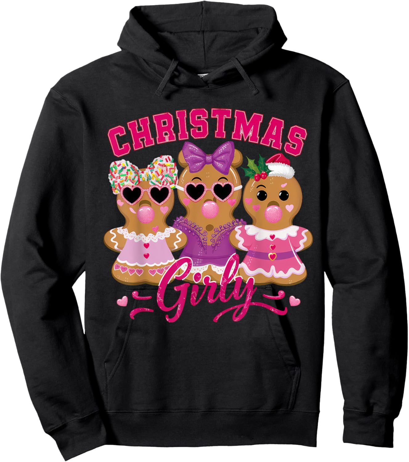 Coquette Bow Pink Gingerbread Christmas Girly Xmas Holiday Hoodie - Hoodie | Black