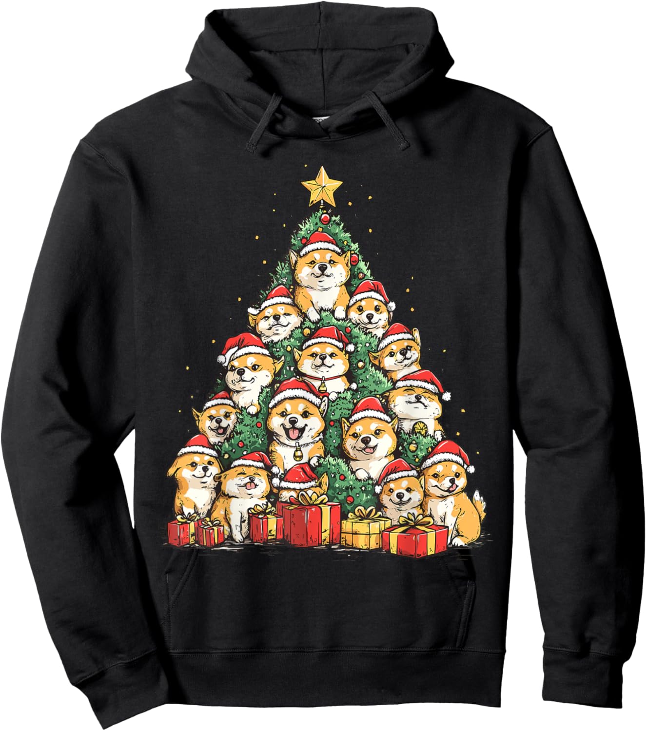 Shiba Inu Santa Christmas Tree Funny Xmas Dog Lover Pajama Hoodie - Hoodie | Black