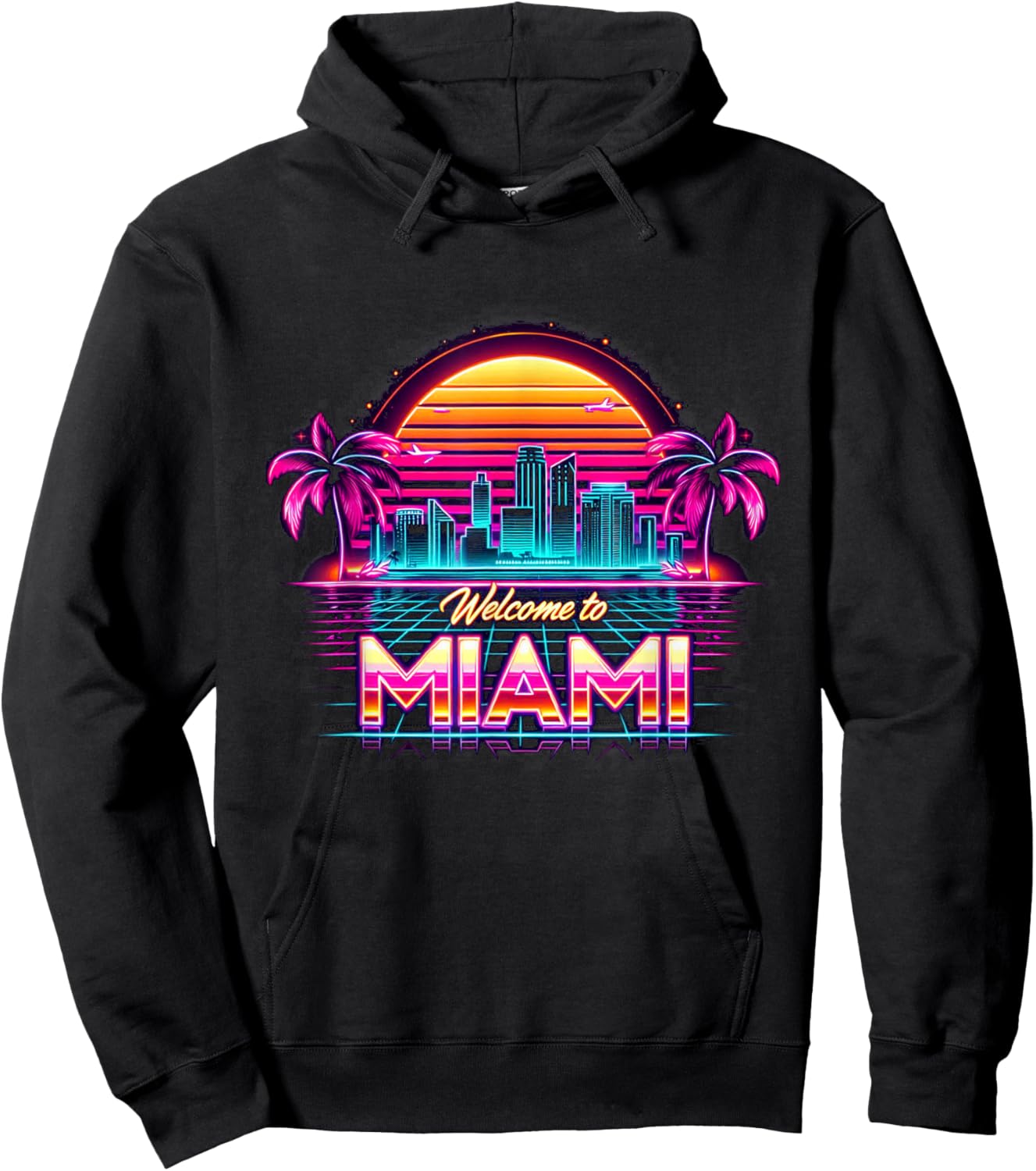 Miami Vibes Apparel Co. Skyline der Urlaubsstadt Miami Beach im Retro-Stil bei Sonnenuntergang in Schwarz, , Kurzarm, , Small Hoodie - Hoodie | Black
