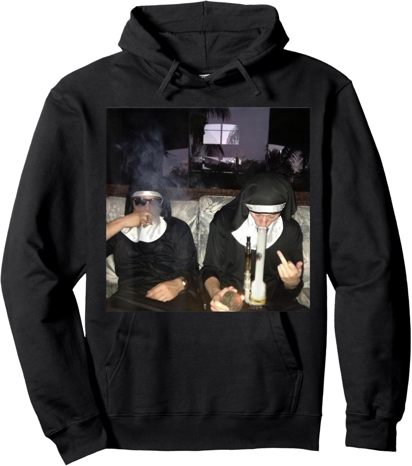 Vintage Nuns Smoking Cigarette Bong Funny Drug Nun Hoodie - Hoodie | Black