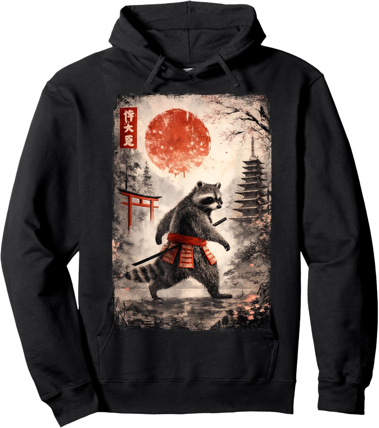 Funny Samurai Raccoon Japanese Vintage Racoon Ukiyo-e Art Hoodie - Hoodie | Black