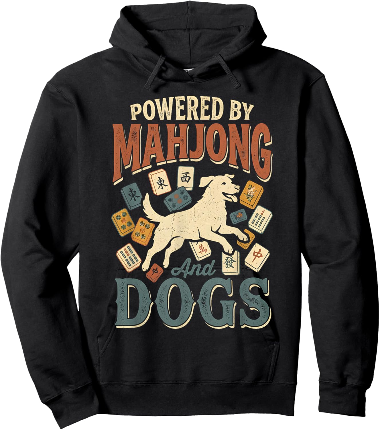 Powered by Mahjong and Dog Retro Funny Mahjong Player Hoodie - Hoodie | Black