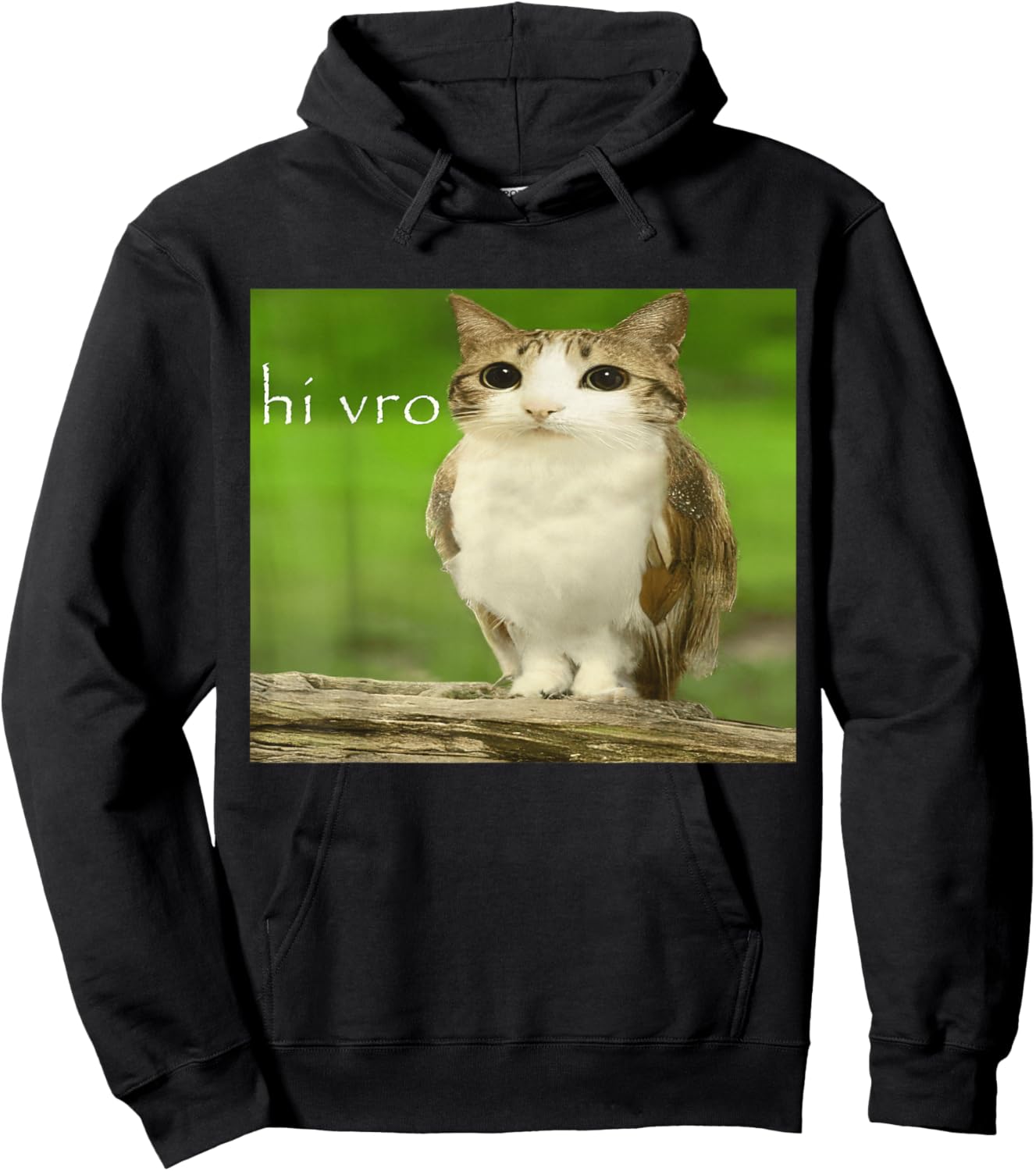 Cat Owl Funny Cursed Hello Bro Brainrot Meowl Hi vro Meme Hoodie - Hoodie | Black
