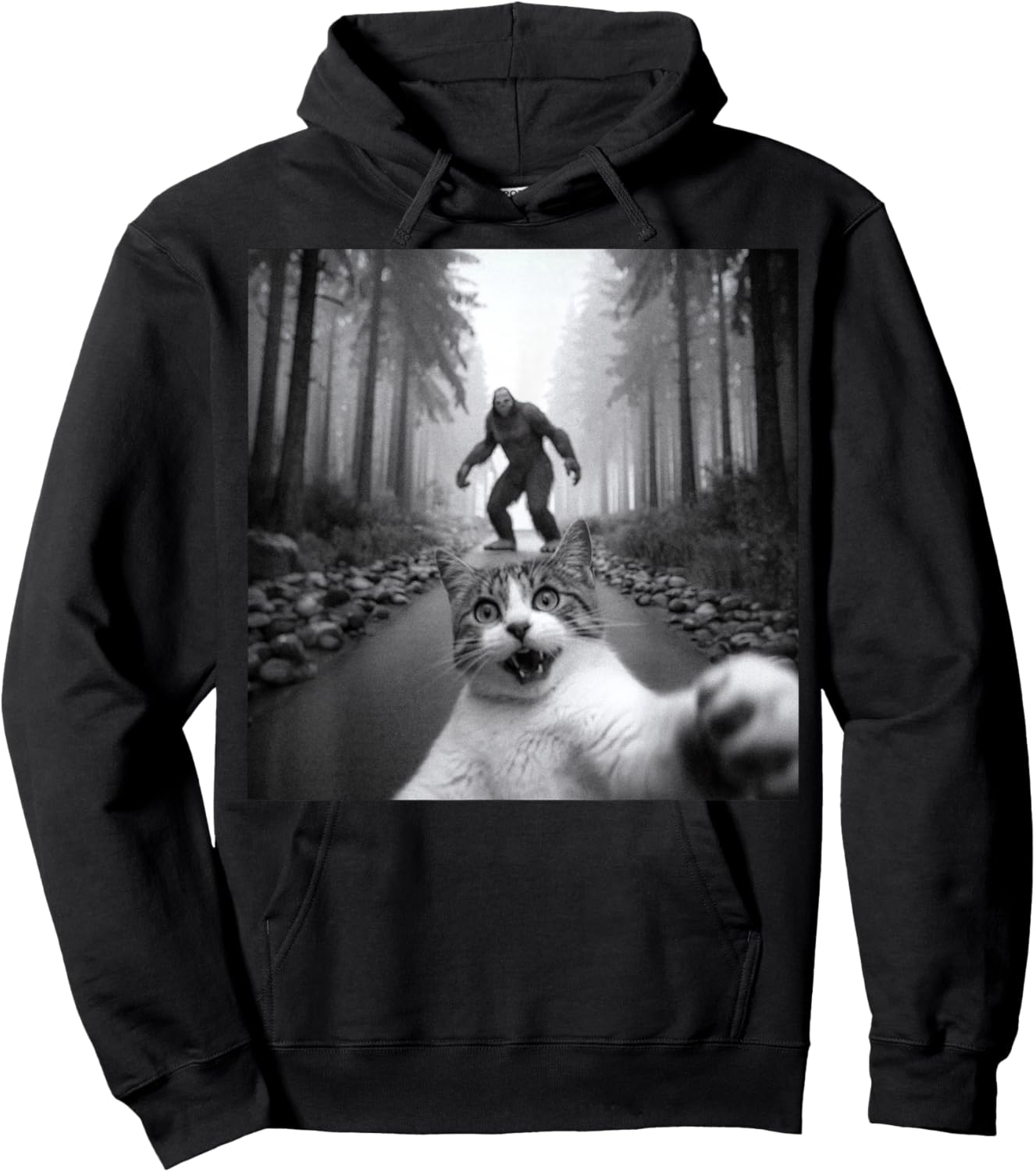 Funny Surprised Scared Cat Selfie With Sasquatch Bigfoot Hoodie - Hoodie | Black