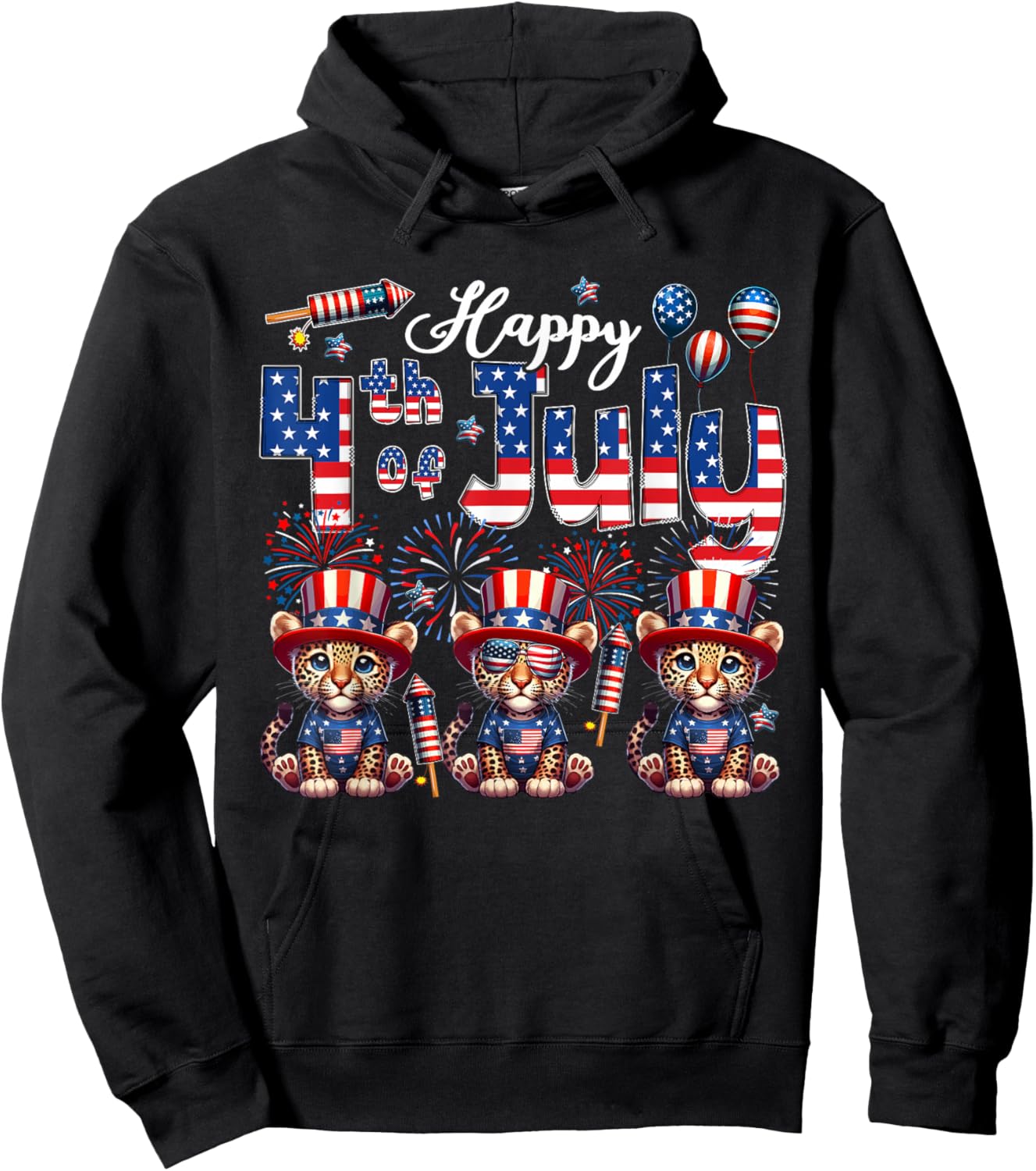 Happy 4th Of July Three Cute Leopards Sunglasses Flag Proud Hoodie - Hoodie | Black