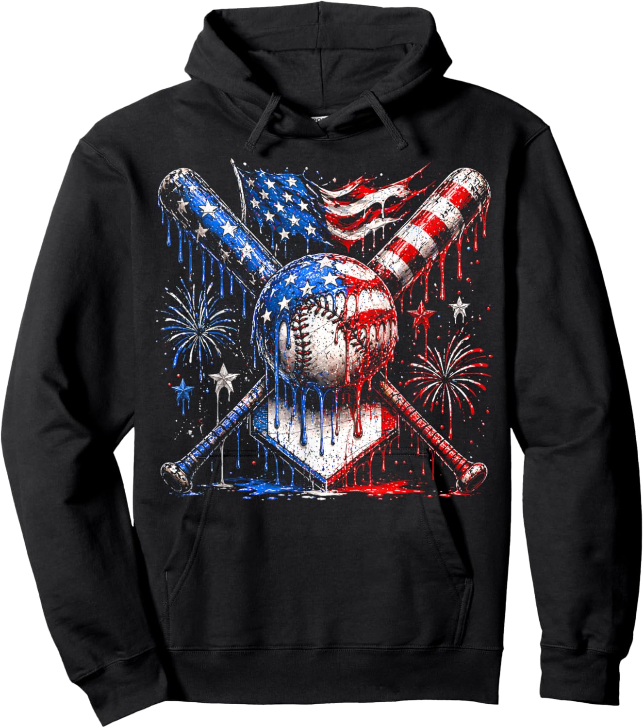 Baseball Drip American Flag Boys Kids 4th of July Hoodie - Hoodie | Black