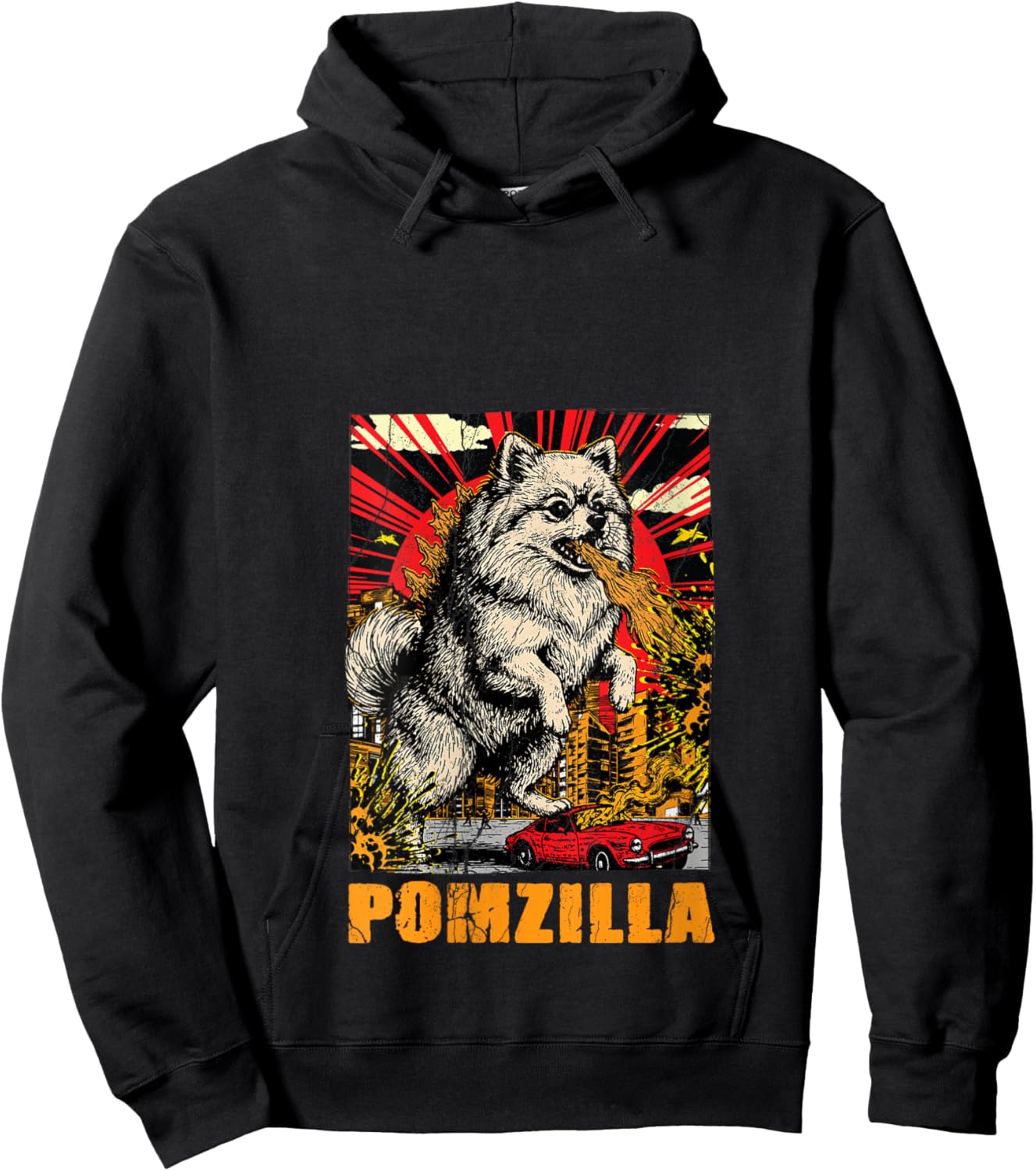 Women's Vintage Pomeranian Dog Lover Pomzilla Pom Japanese Monster V-Neck Hoodie - Hoodie | Black