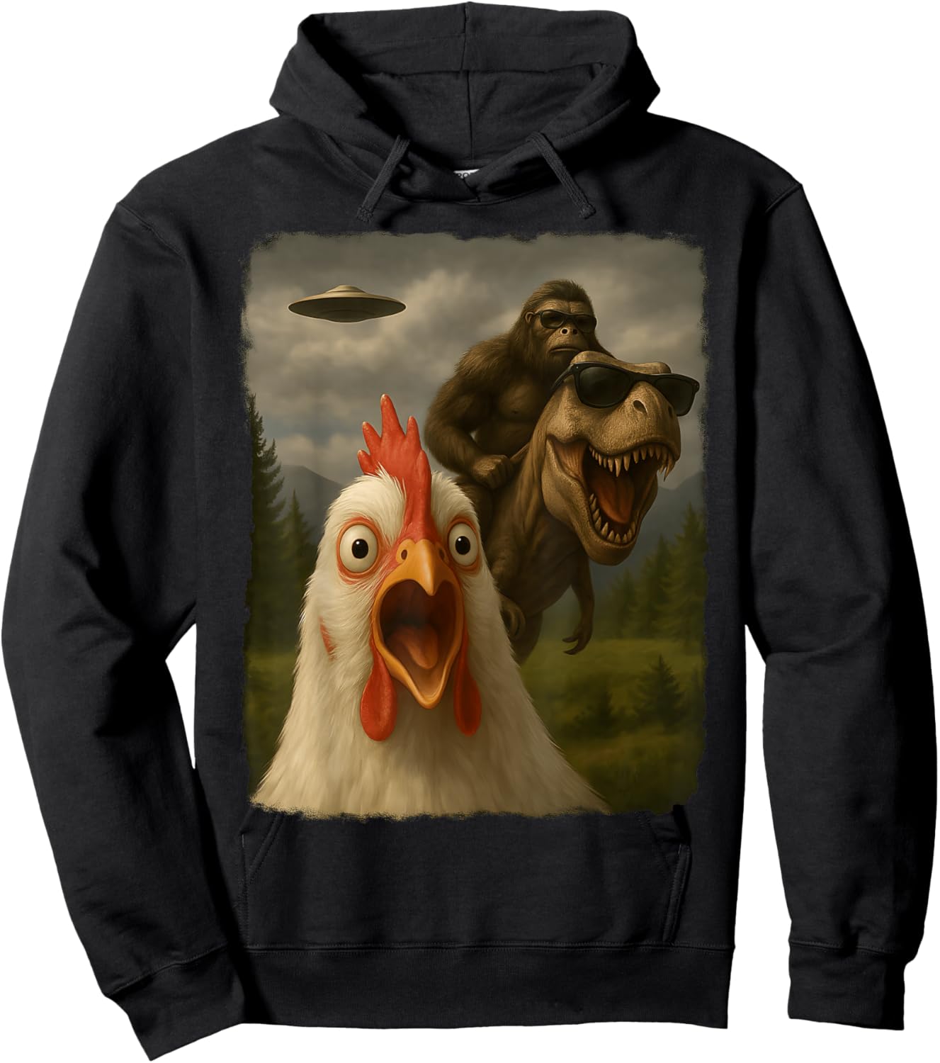 Funny Chicken Selfie Bigfoot Sasquatch Riding T-Rex UFO Hoodie - Hoodie | Black