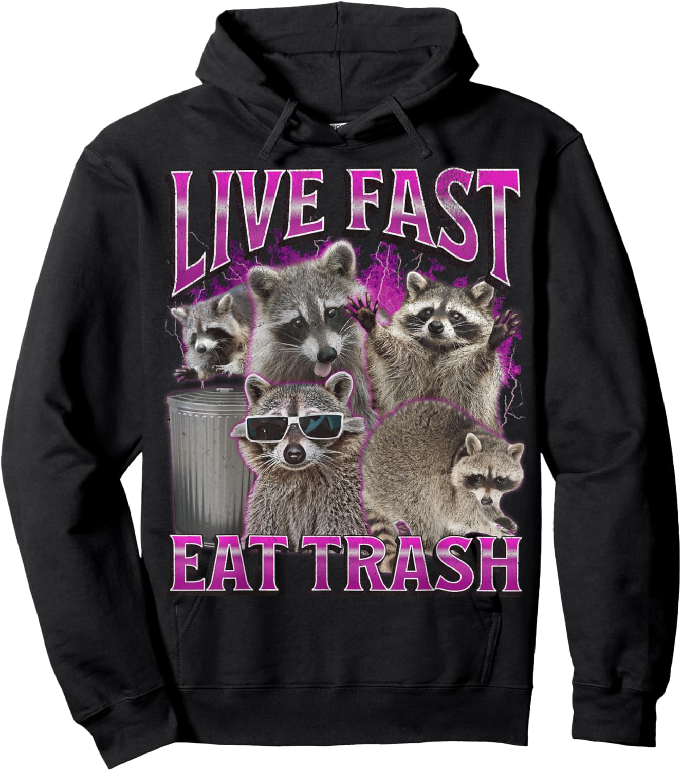 Live Fast Eat Trash Funny Raccoon Meme Bootleg Graphic 90s Hoodie - Hoodie | Black