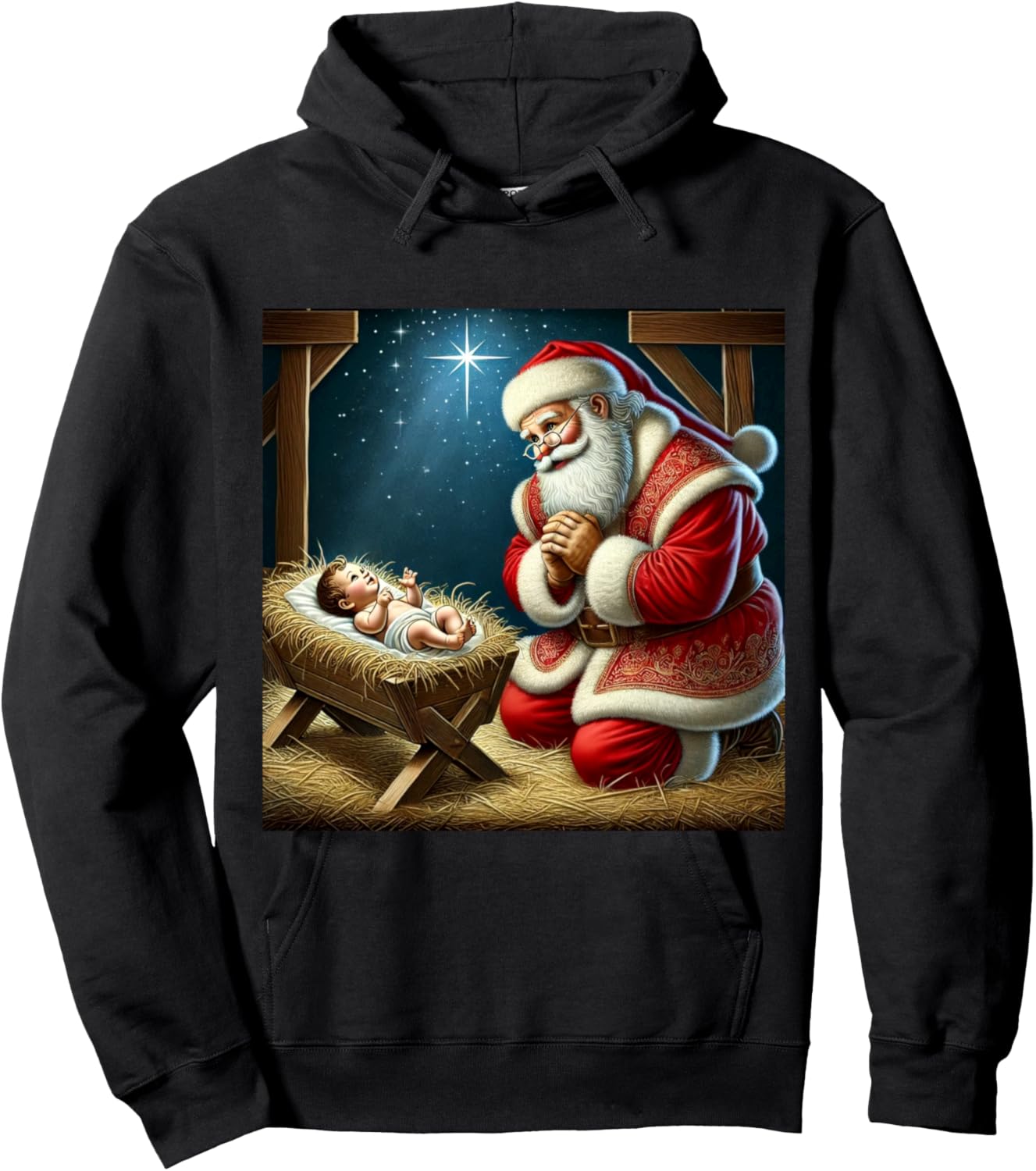 Santa Kneeling Before Baby Jesus Christmas Hoodie - Hoodie | Black