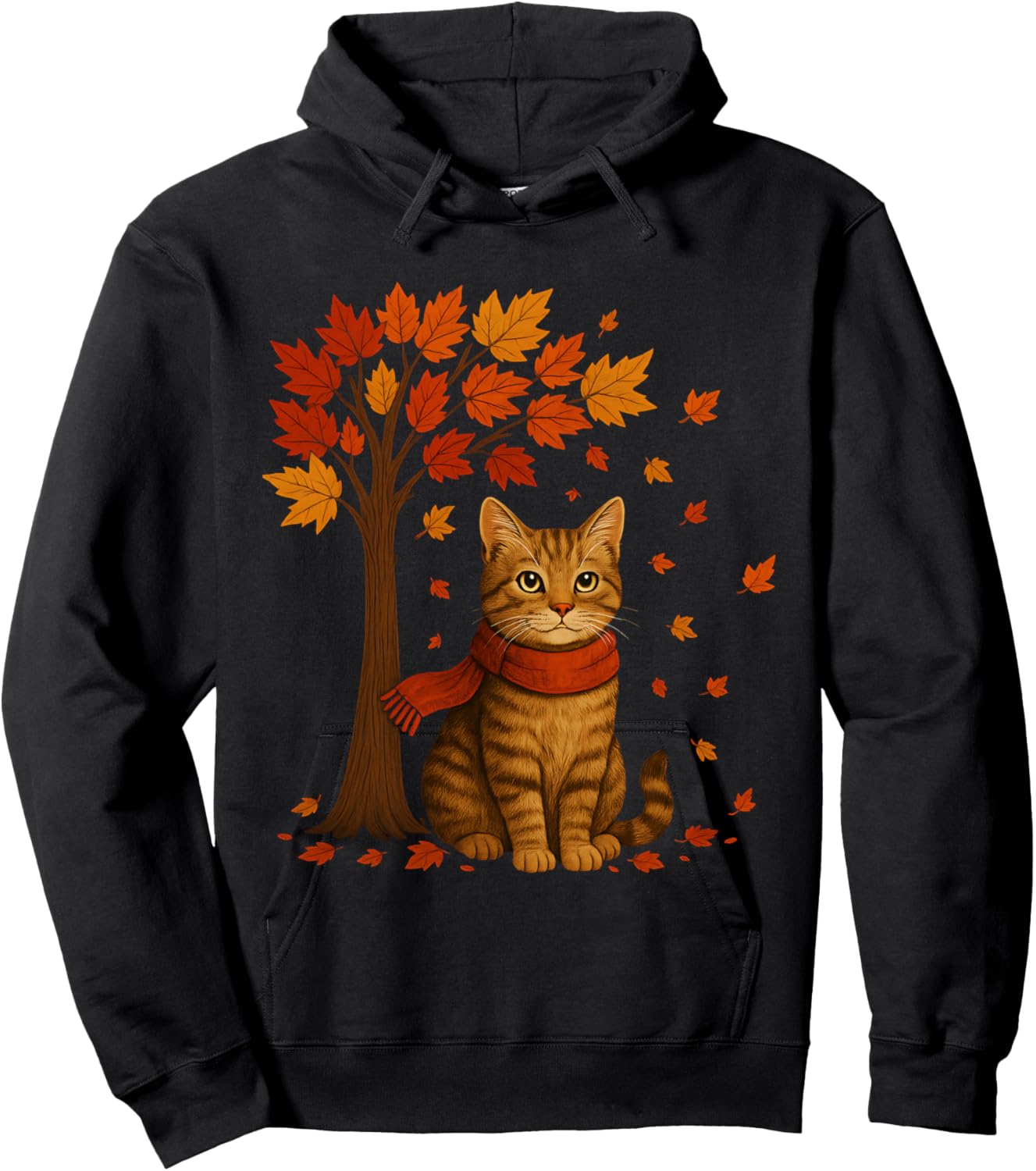 Autumn Cat Illustration with Falling Leaves for Everyone Hoodie - Hoodie | Black