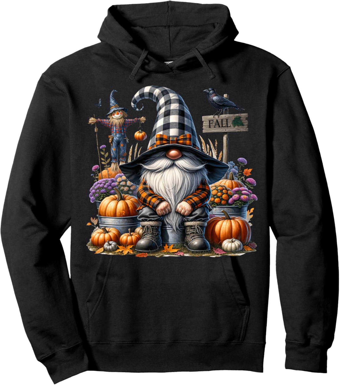 Floral Autumn Gnome With Scarecrow Raven And Fall Pumpkins Hoodie - Hoodie | Black