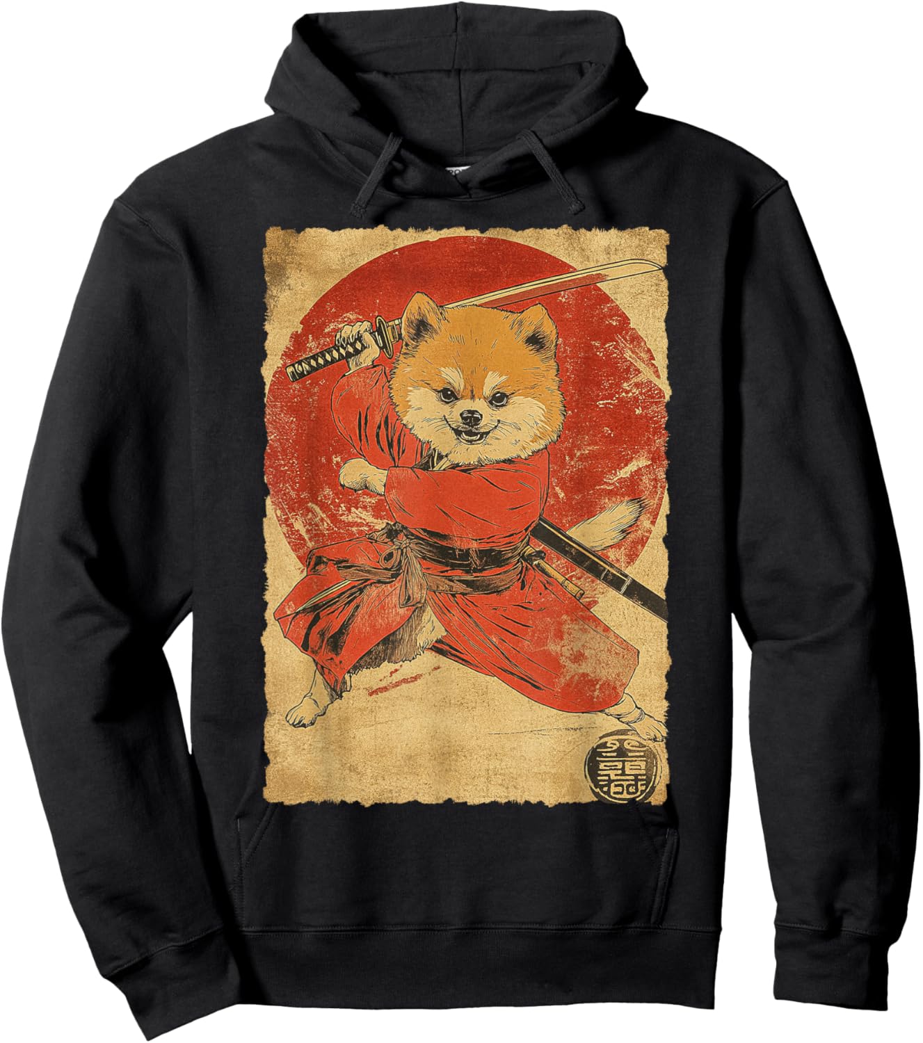 Funny Vintage Japanese Art Pomeranian Dog Ninja Samurai Women Girls Kids Hoodie - Hoodie | Black