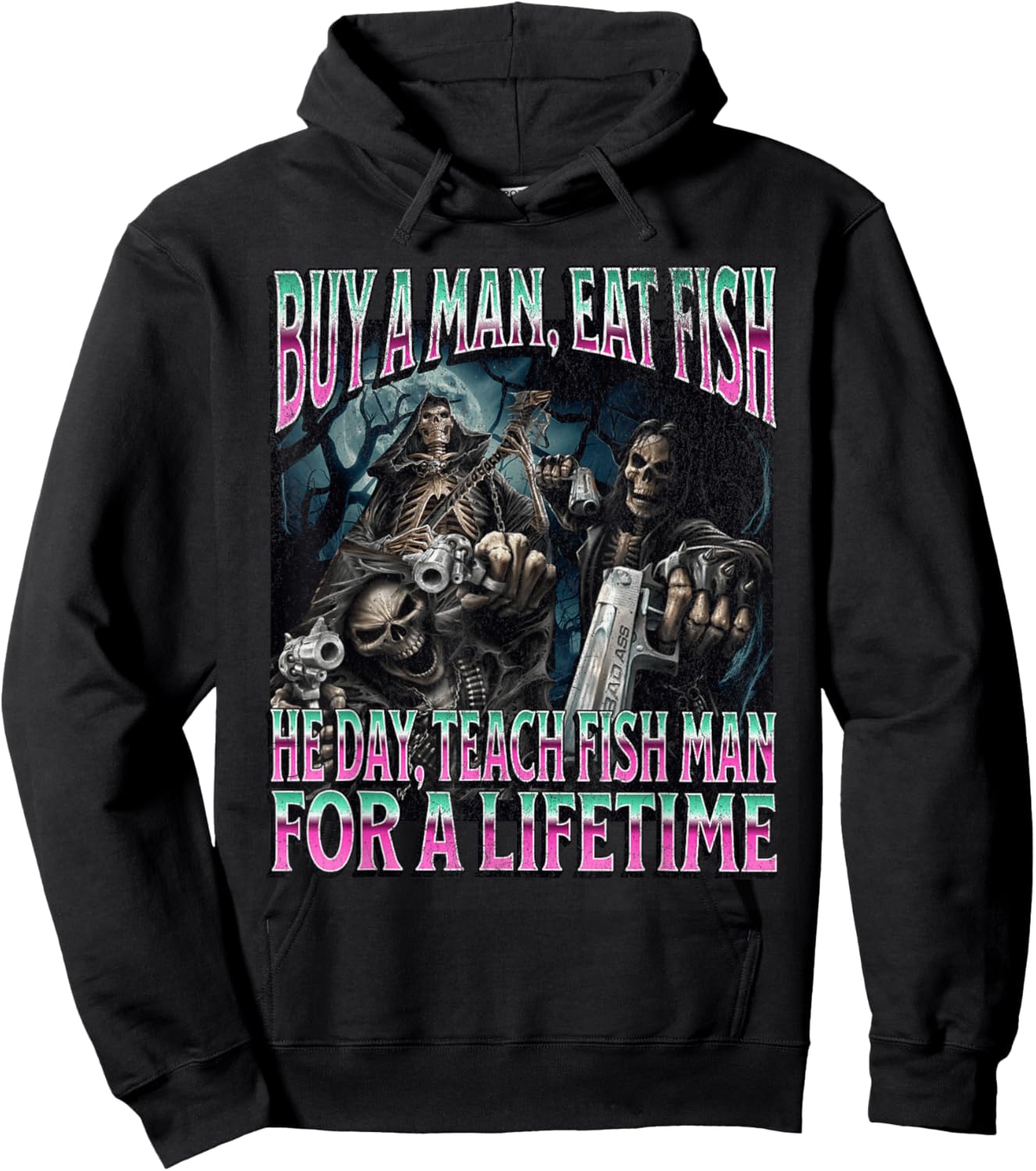 Buy A Man Eat Fish Funny Hard Skeleton Meme Bootleg Hoodie - Hoodie | Black