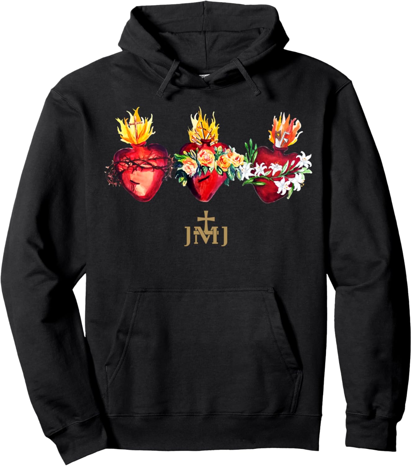 Three Sacred Hearts of Jesus Mary Joseph JMJ Catholic Hoodie - Hoodie | Black