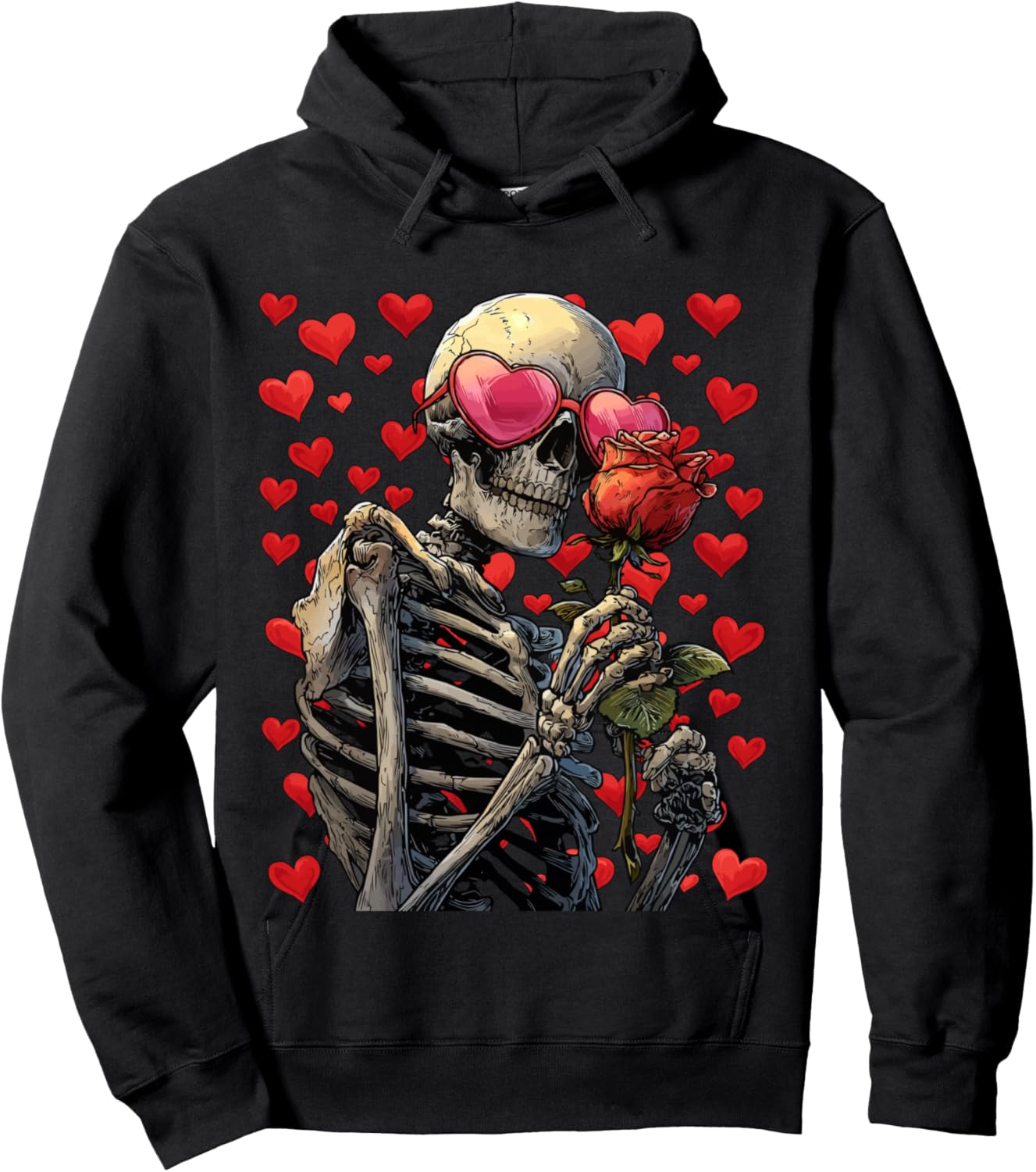Glasses Skeleton with Heart Pink Gothic Valentine's Day Gothic Hoodie - Hoodie | Black