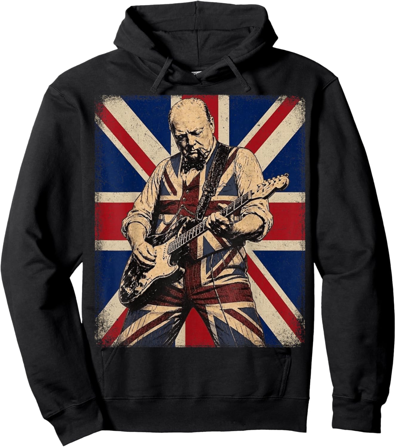 Drapeau Britannique Vintage Boss Winston Churchill Jouant de la Guitare Hoodie - Hoodie | Black