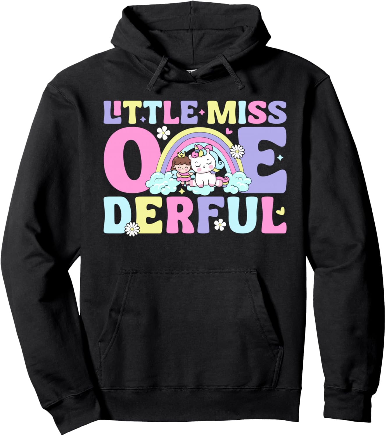 Little Miss Onederful Cute Rainbow Unicorn 1st Birthday Girl Hoodie - Hoodie | Black