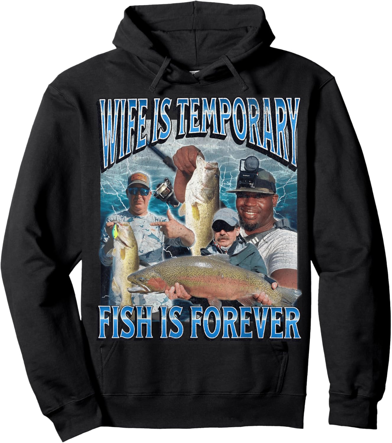 Wife Is Temporary Fish Is Forever Funny Fishing Meme Bootleg Hoodie - Hoodie | Black
