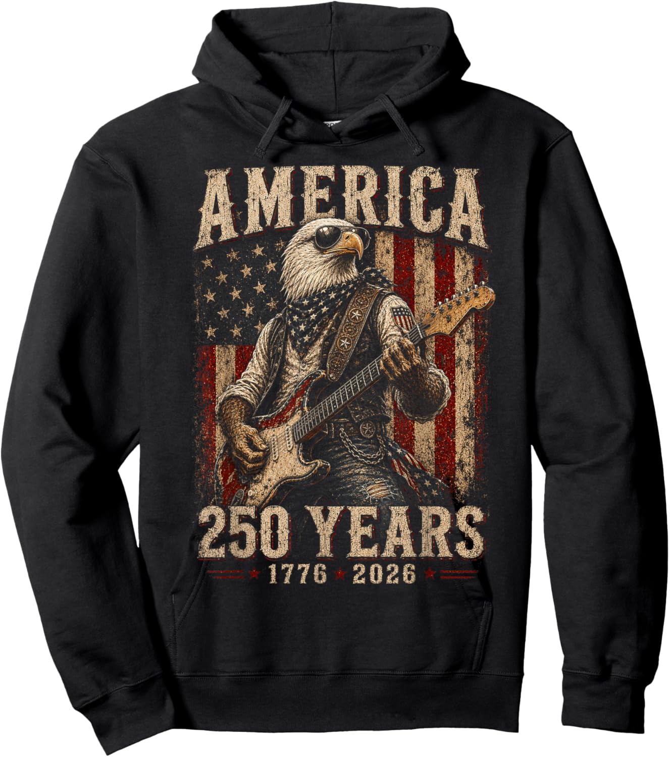 Vintage Eagle Playing Guitar 250 Years America 4th of July Hoodie - Hoodie | Black