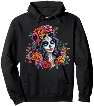 Day of The Dead Sugar Skull Woman Floral Crown Hoodie - Hoodie | Black