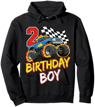 Kids Birthday Monster Truck 2 Year Old Boys 2nd Party Born 2024 Hoodie - Hoodie | Black
