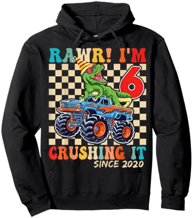 6th Birthday Monster Truck Dinosaur Party Boys Rawr I'm 6 Hoodie - Hoodie | Black