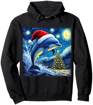 Christmas Dolphin Santa Hat Van Gogh Starry Night Holiday Hoodie - Hoodie | Black