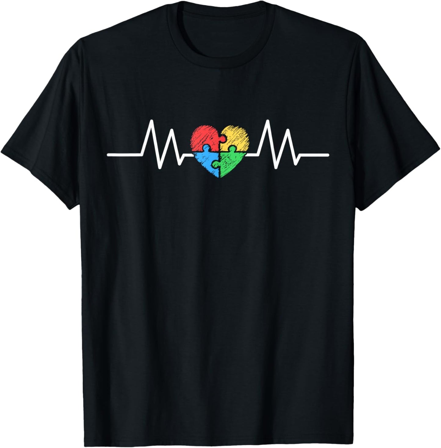 Mom HeartBeat Love Support Autism Awareness Family T-Shirt - T-Shirt | Black