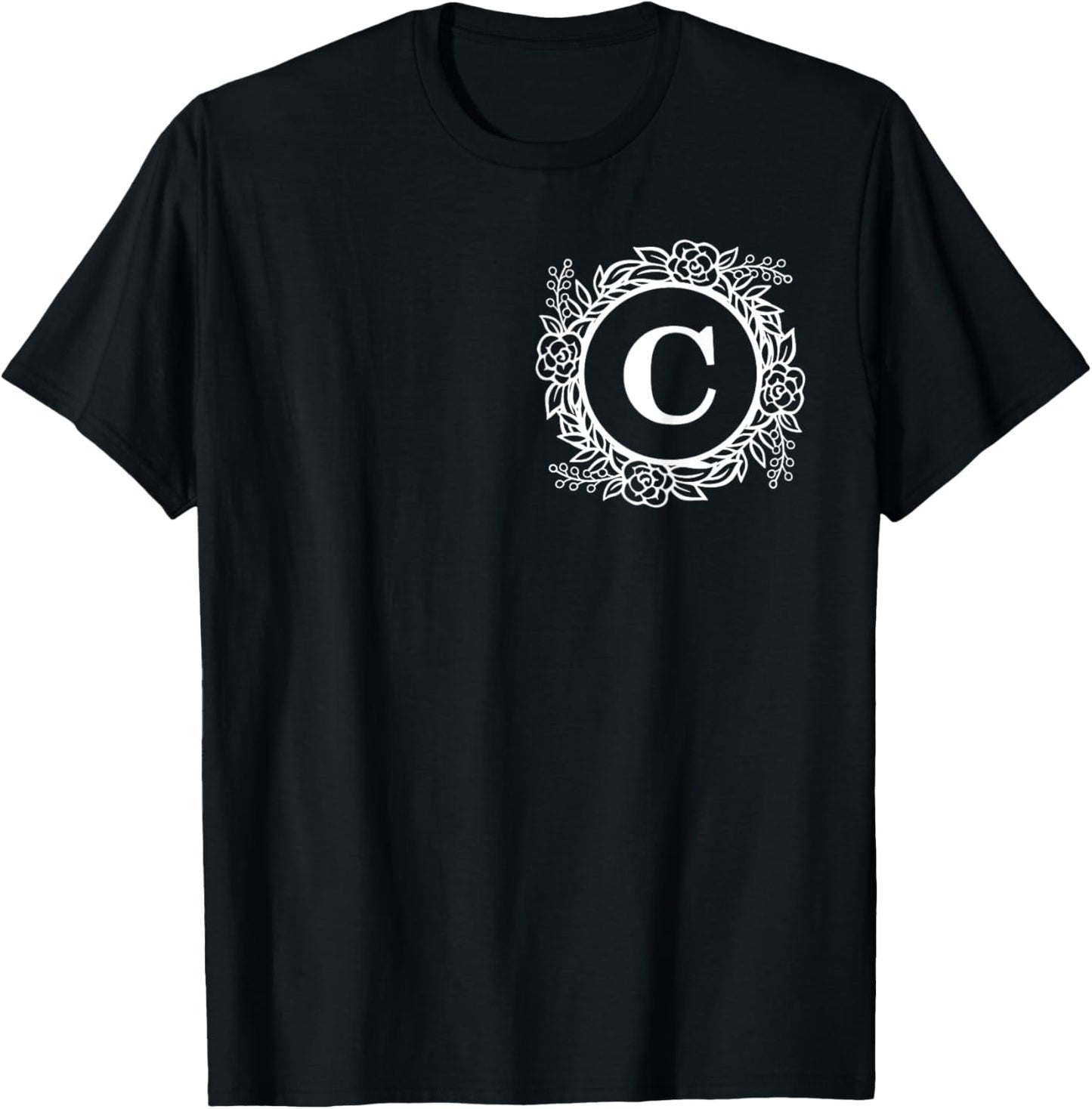Personalized Monogram Letter C Initial Cute Floral Wreath T-Shirt - T-Shirt | Black