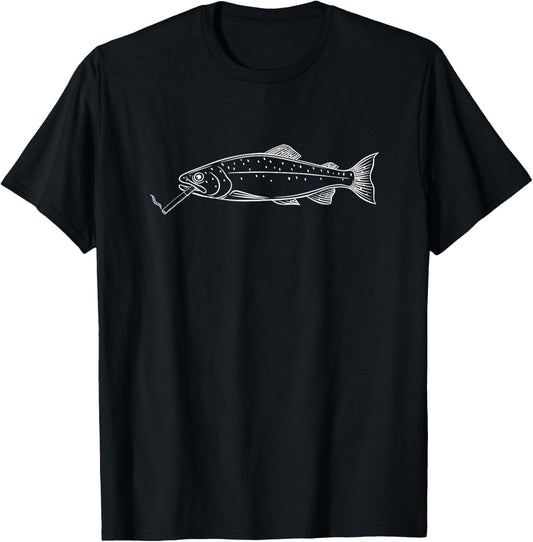 Minimalist Fishing Aesthetic Trout Illustration Smoking Fish T-Shirt - T-Shirt | Black